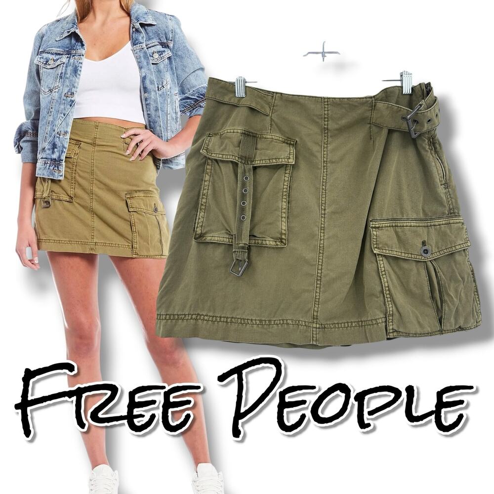 Free People Erika Cargo Mini Skirt 12 Olive Green Belted Y2K Utility Military